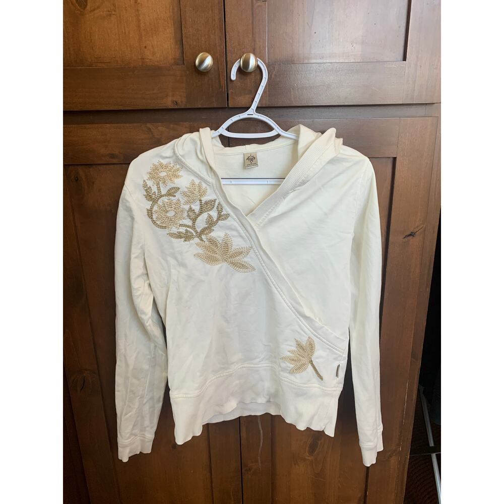 prAna Breathe Gold Embroidered Hoodie | Cream | Size M | 100% Cotton